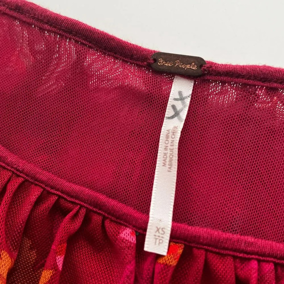 Free People Wildflower Honey Floral Flounce Top XS Red Berry Sheer Mesh - Picture 10 of 11